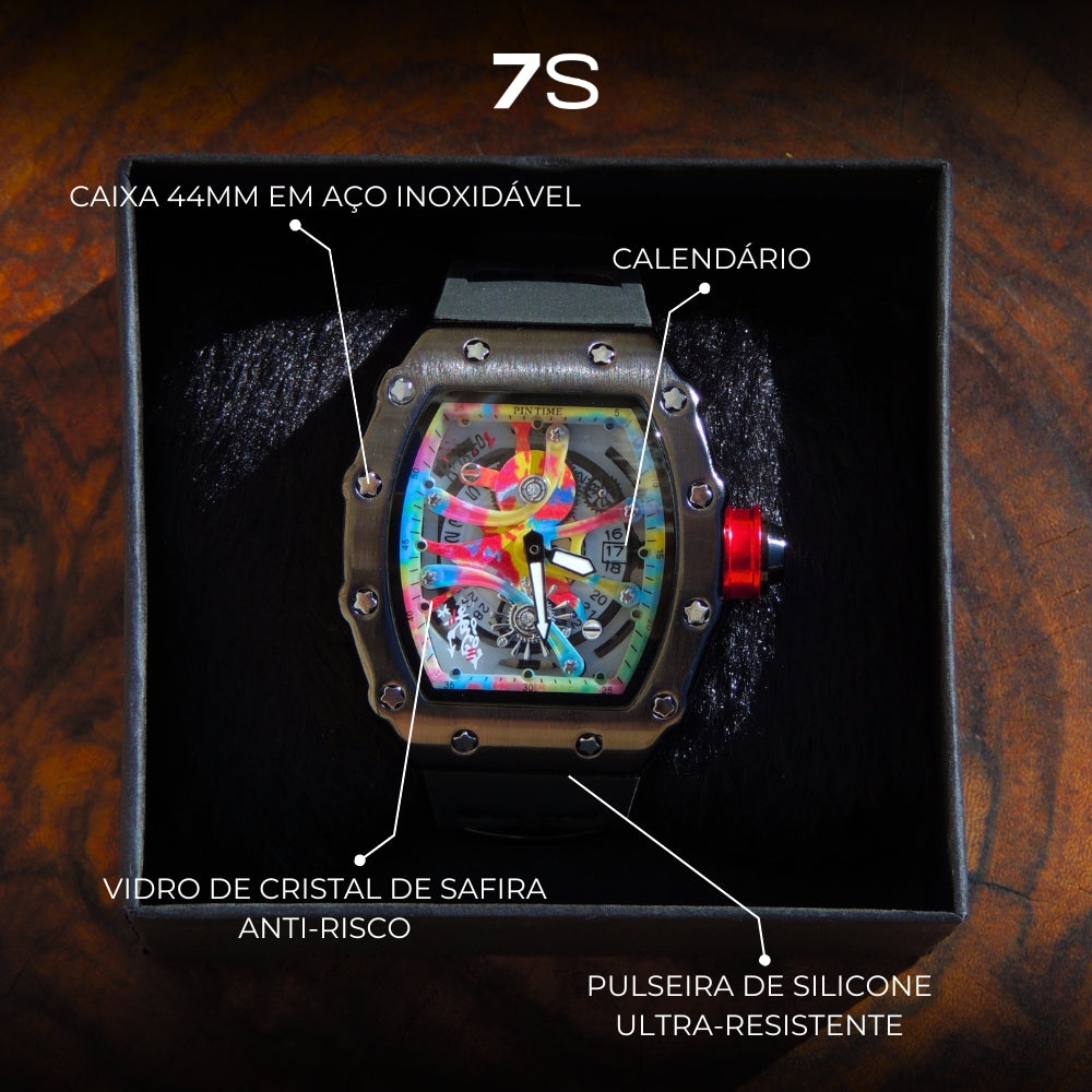 Relógio masculino 7SUIT Graffiti com caixa preta escovada, mostrador colorido estilo grafite e pulseira de silicone preta. Visual ousado para homens com personalidade forte.