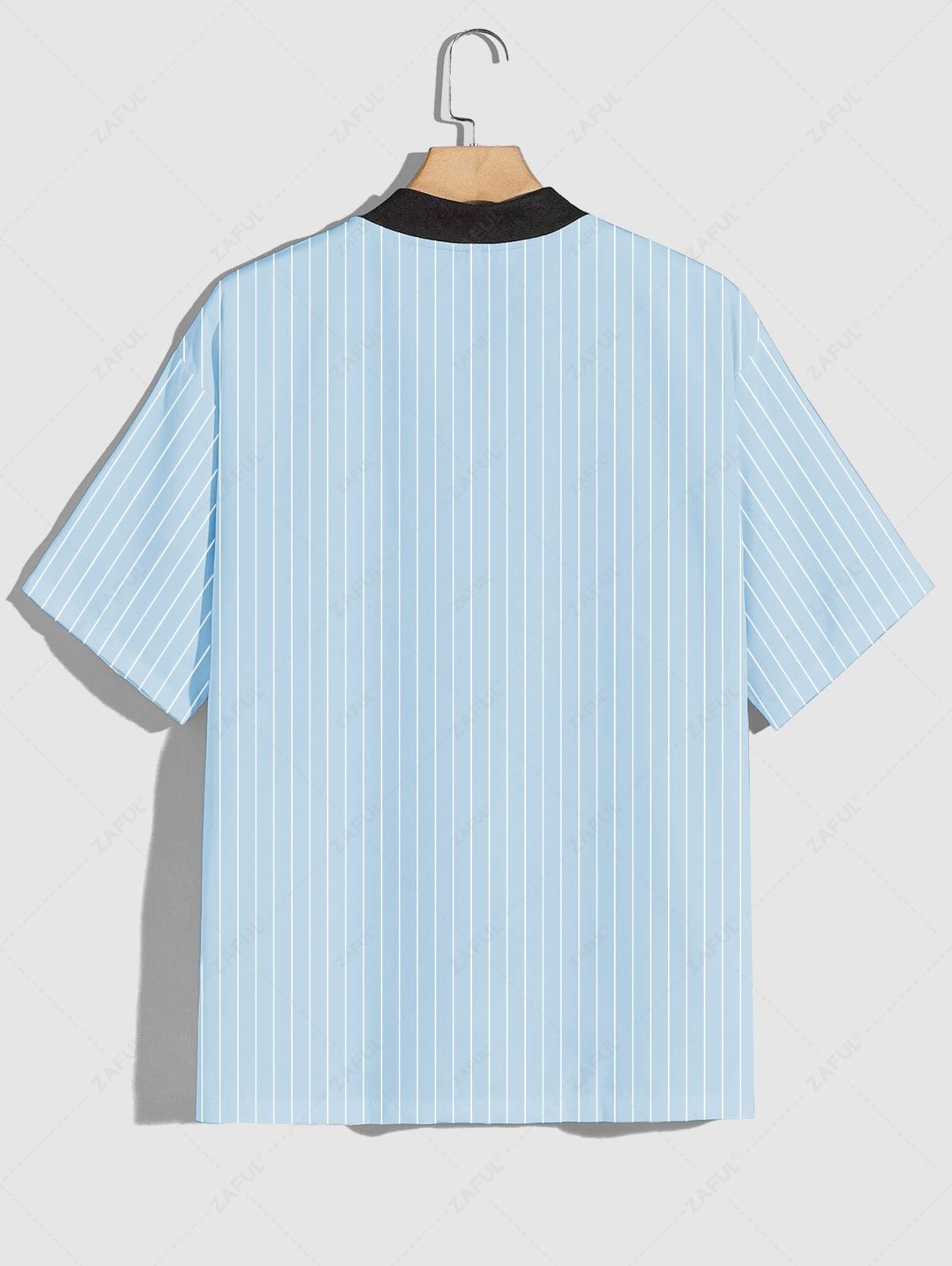 ZAFUL Men\'s Chicago Graphic Letter Print Short Sleeve Stand Collar Button Up Casual Baseball Shirt LIGHT BLUE BLACK - PURECLO