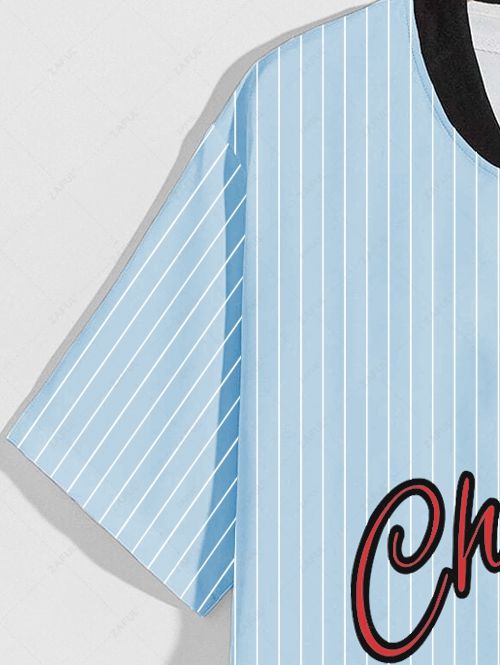 ZAFUL Men\'s Chicago Graphic Letter Print Short Sleeve Stand Collar Button Up Casual Baseball Shirt LIGHT BLUE BLACK - PURECLO