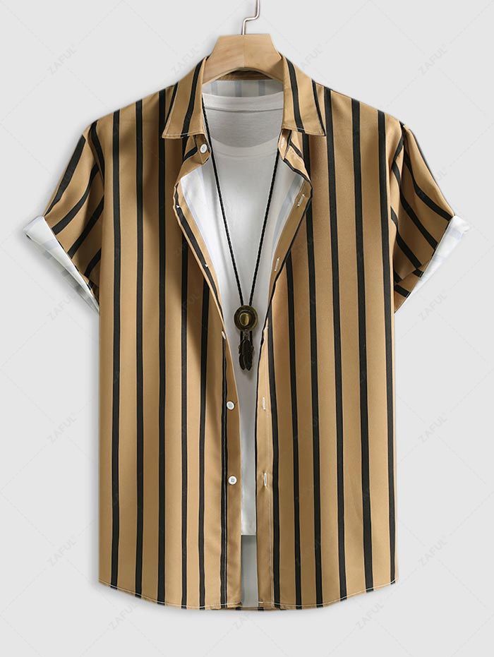 Men\'s Button Up Vertical Striped Short Sleeve Casual Summer Beach Shirt BLACK DEEP YELLOW LIGHT YELLOW MULTI-A - PURECLO