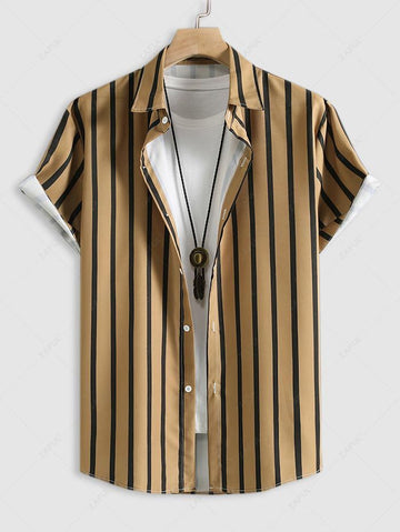Men\'s Button Up Vertical Striped Short Sleeve Casual Summer Beach Shirt BLACK DEEP YELLOW LIGHT YELLOW MULTI-A - PURECLO