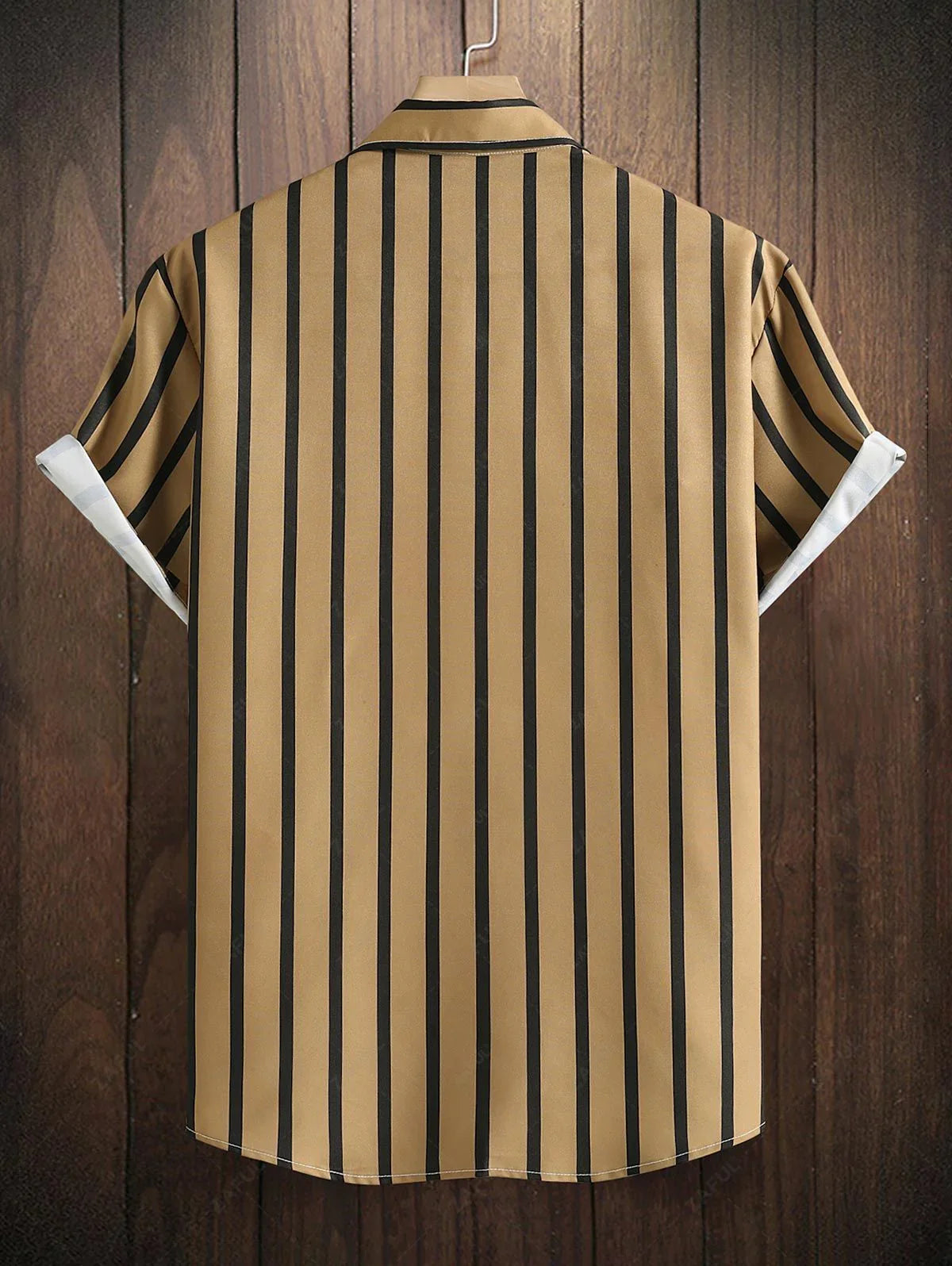 Men\'s Button Up Vertical Striped Short Sleeve Casual Summer Beach Shirt BLACK DEEP YELLOW LIGHT YELLOW MULTI-A - PURECLO