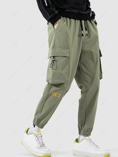 Letter Printed Large Pockets Design Cargo Pants ARMY GREEN - PURECLO