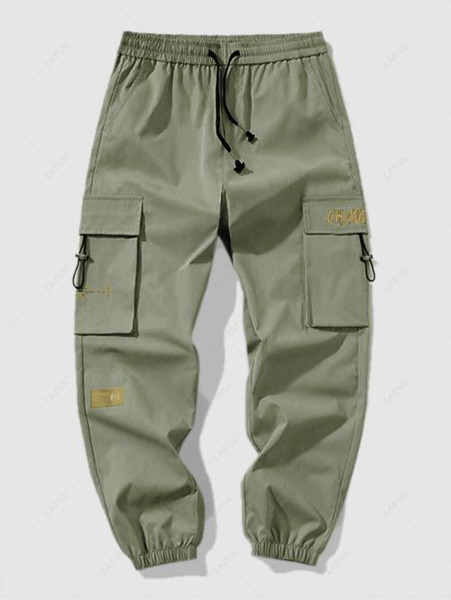 Letter Printed Large Pockets Design Cargo Pants ARMY GREEN - PURECLO