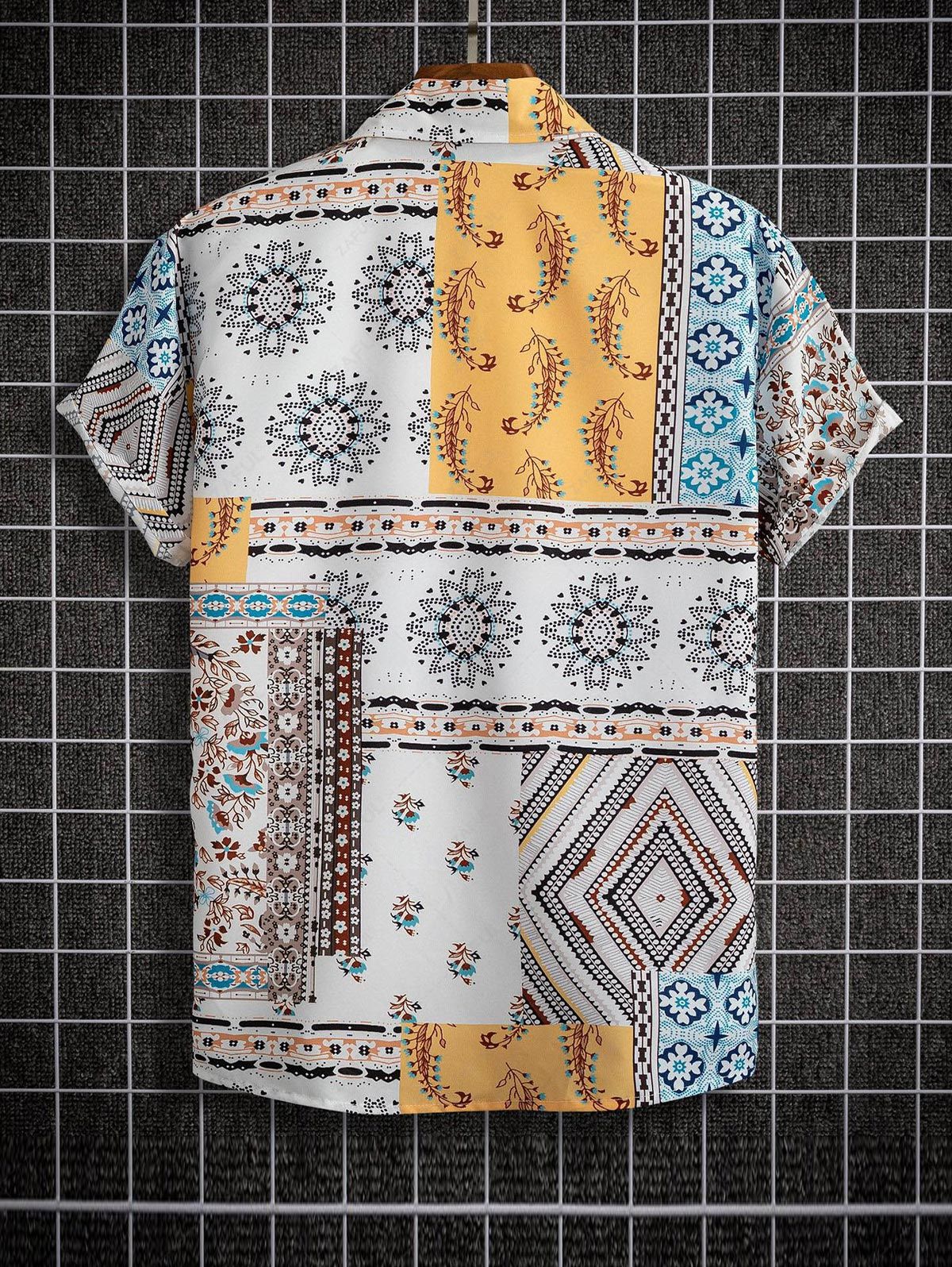 Short Sleeves Retro Floral Print Patternblock Beach Vacation Shirt BRIGHT YELLOW - PURECLO