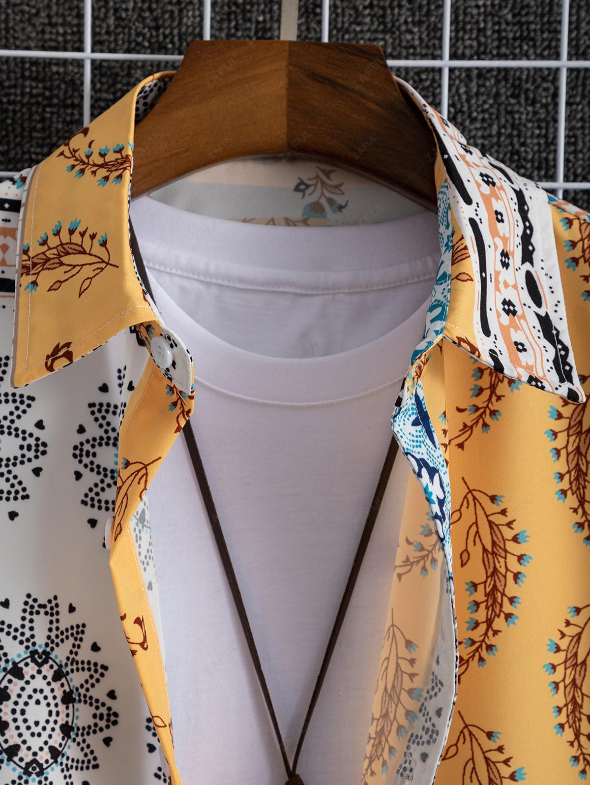 Short Sleeves Retro Floral Print Patternblock Beach Vacation Shirt BRIGHT YELLOW - PURECLO