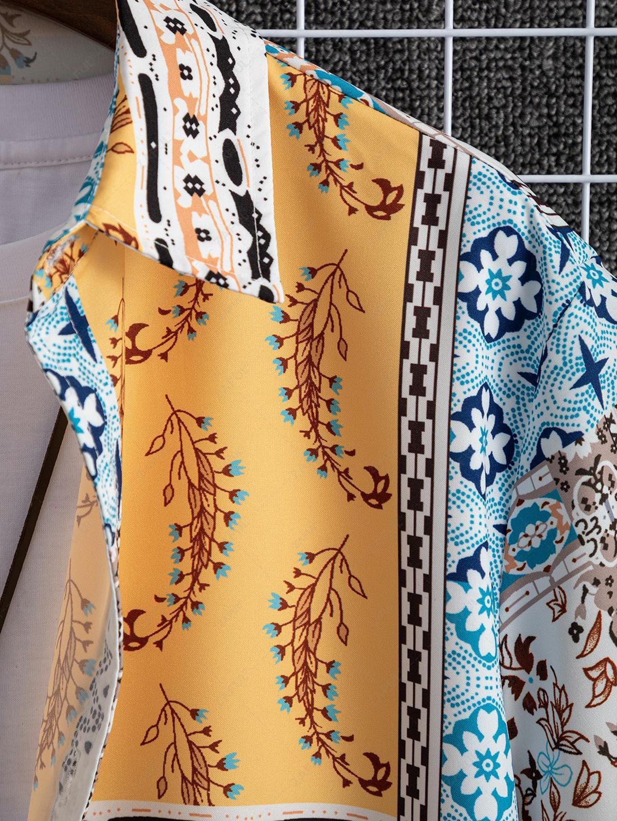 Short Sleeves Retro Floral Print Patternblock Beach Vacation Shirt BRIGHT YELLOW - PURECLO