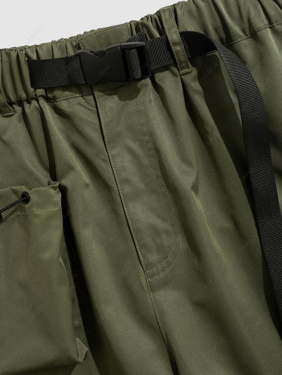 ZAFUL Techwear Buckle Belt Solid Color Windbreaker Cargo Parachute Pants GREEN - PURECLO