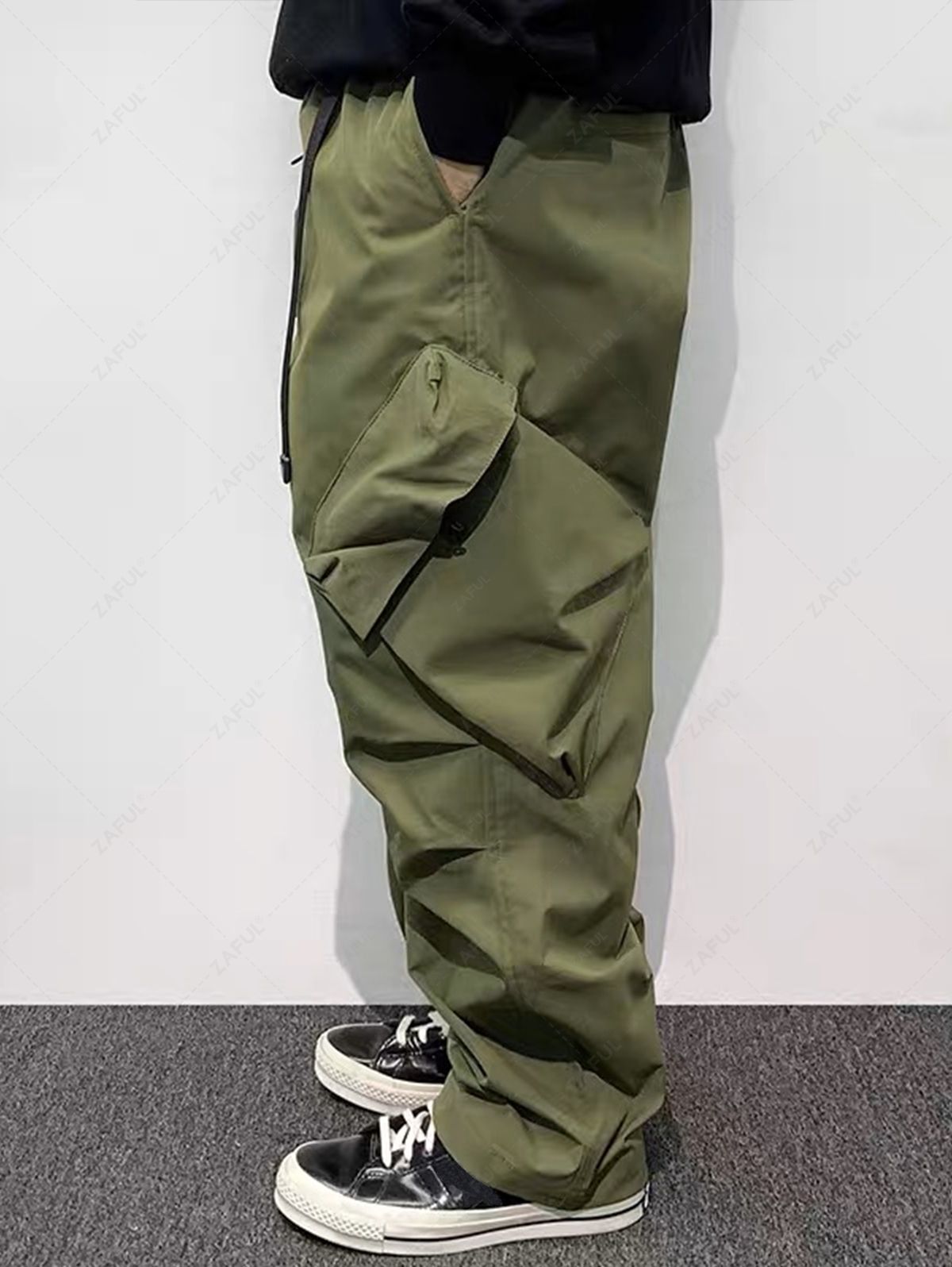 ZAFUL Techwear Buckle Belt Solid Color Windbreaker Cargo Parachute Pants GREEN - PURECLO