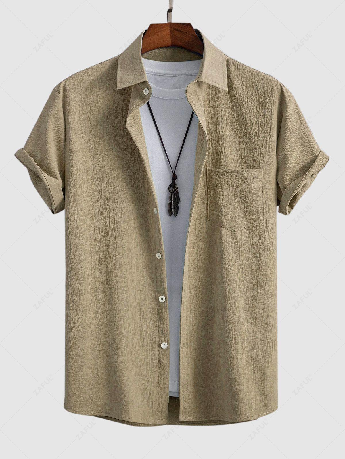 Solid Color Textured Short Sleeves Shirt LIGHT COFFEE - PURECLO