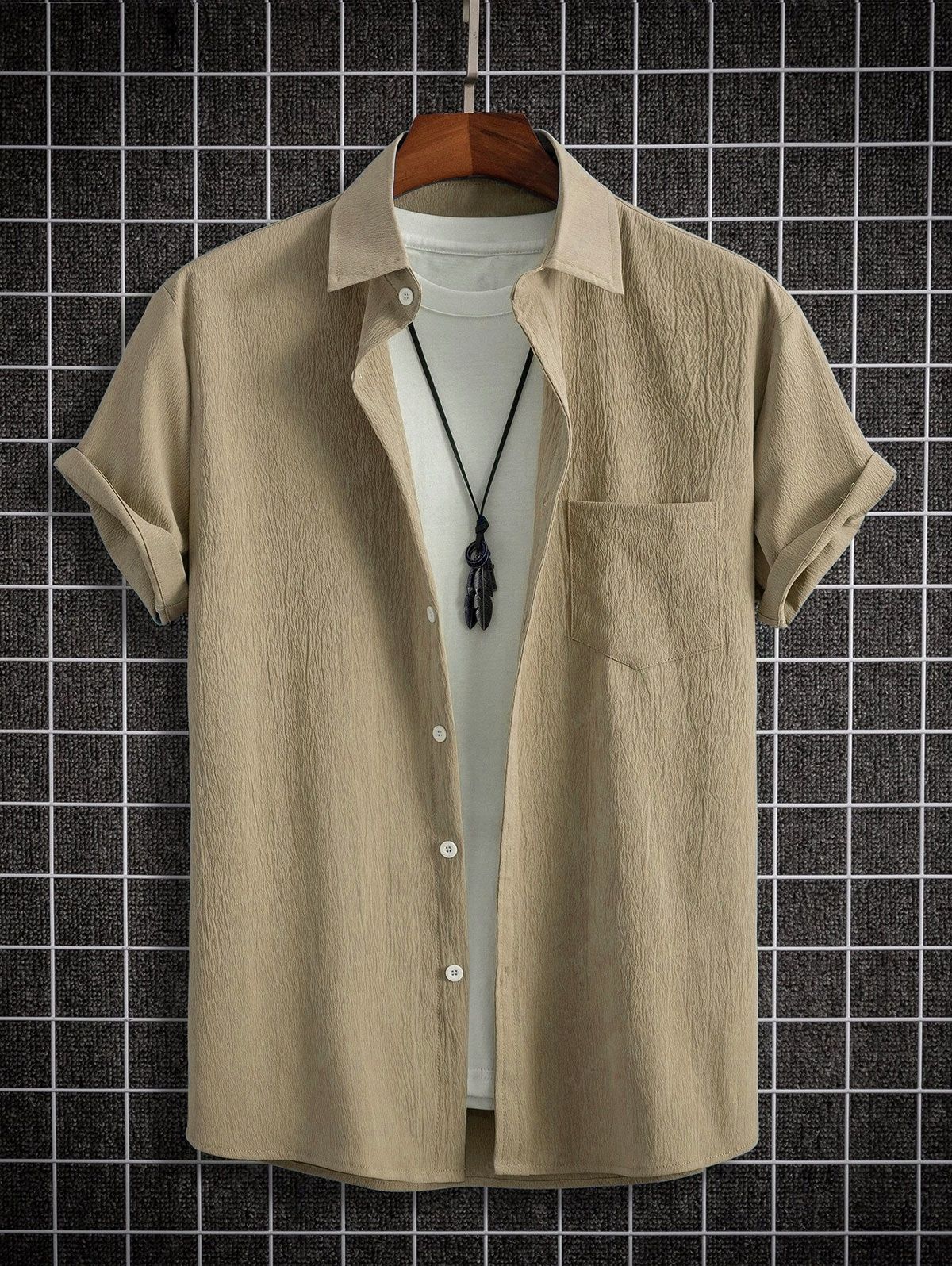 Solid Color Textured Short Sleeves Shirt LIGHT COFFEE - PURECLO