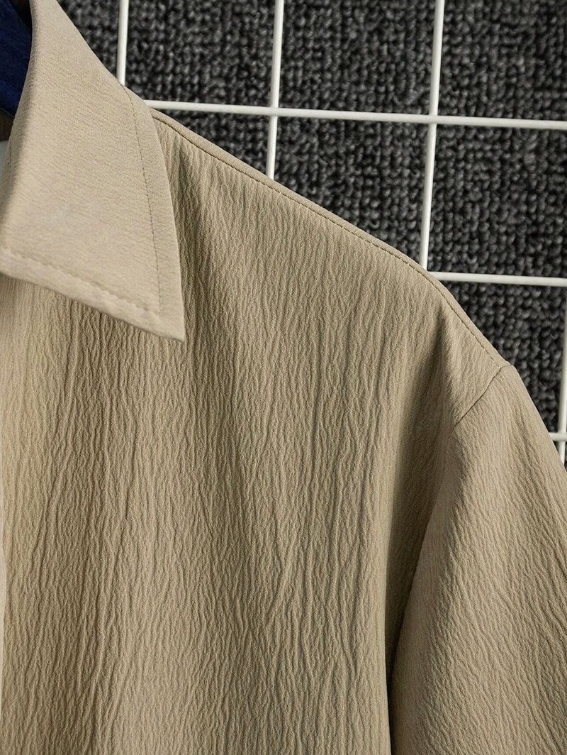 Solid Color Textured Short Sleeves Shirt LIGHT COFFEE - PURECLO