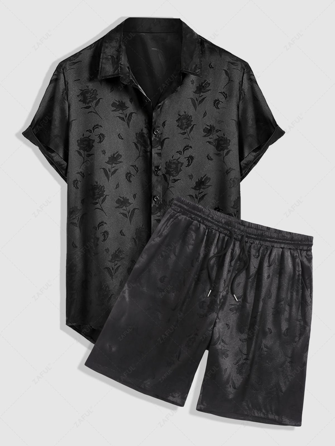 Men\'s Jacquard Silky Satin Floral Print Rose Pattern Button Front Short Sleeve Shirt And Shorts Set BLACK DEEP RED DEEP BLUE DEEP GREEN - PURECLO