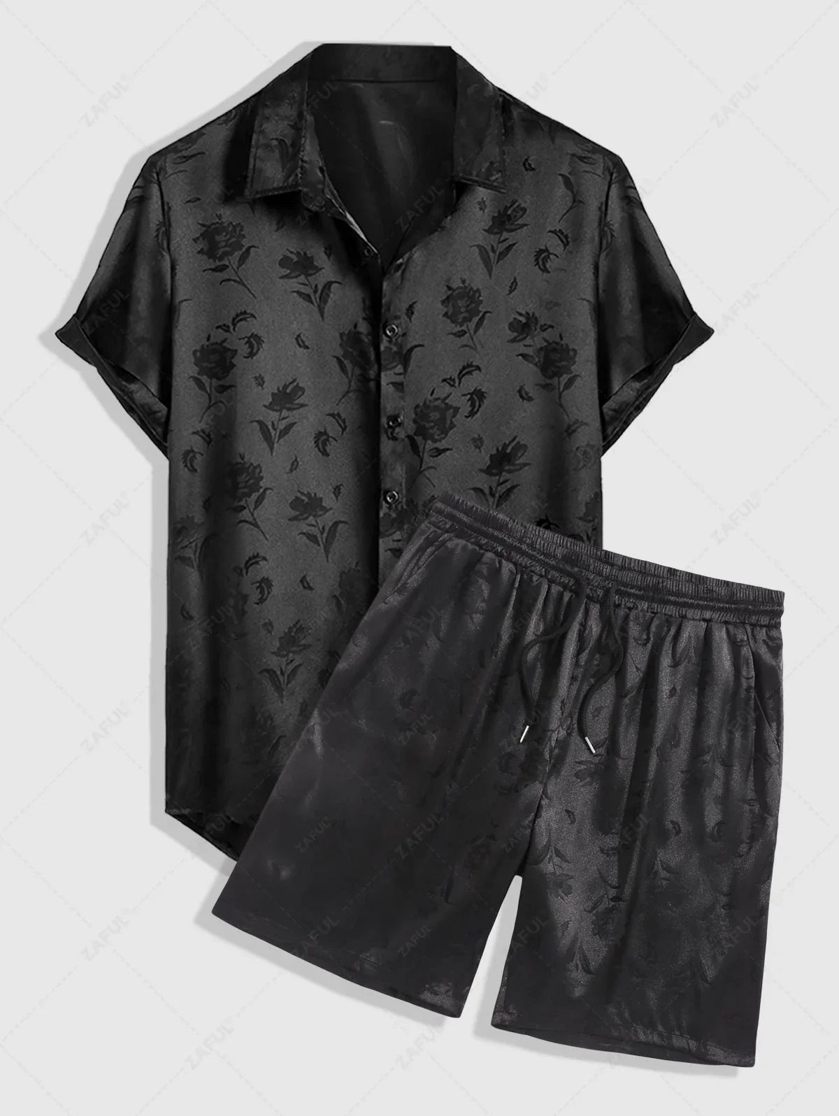Men\'s Jacquard Silky Satin Floral Print Rose Pattern Button Front Short Sleeve Shirt And Shorts Set BLACK DEEP RED DEEP BLUE DEEP GREEN - PURECLO