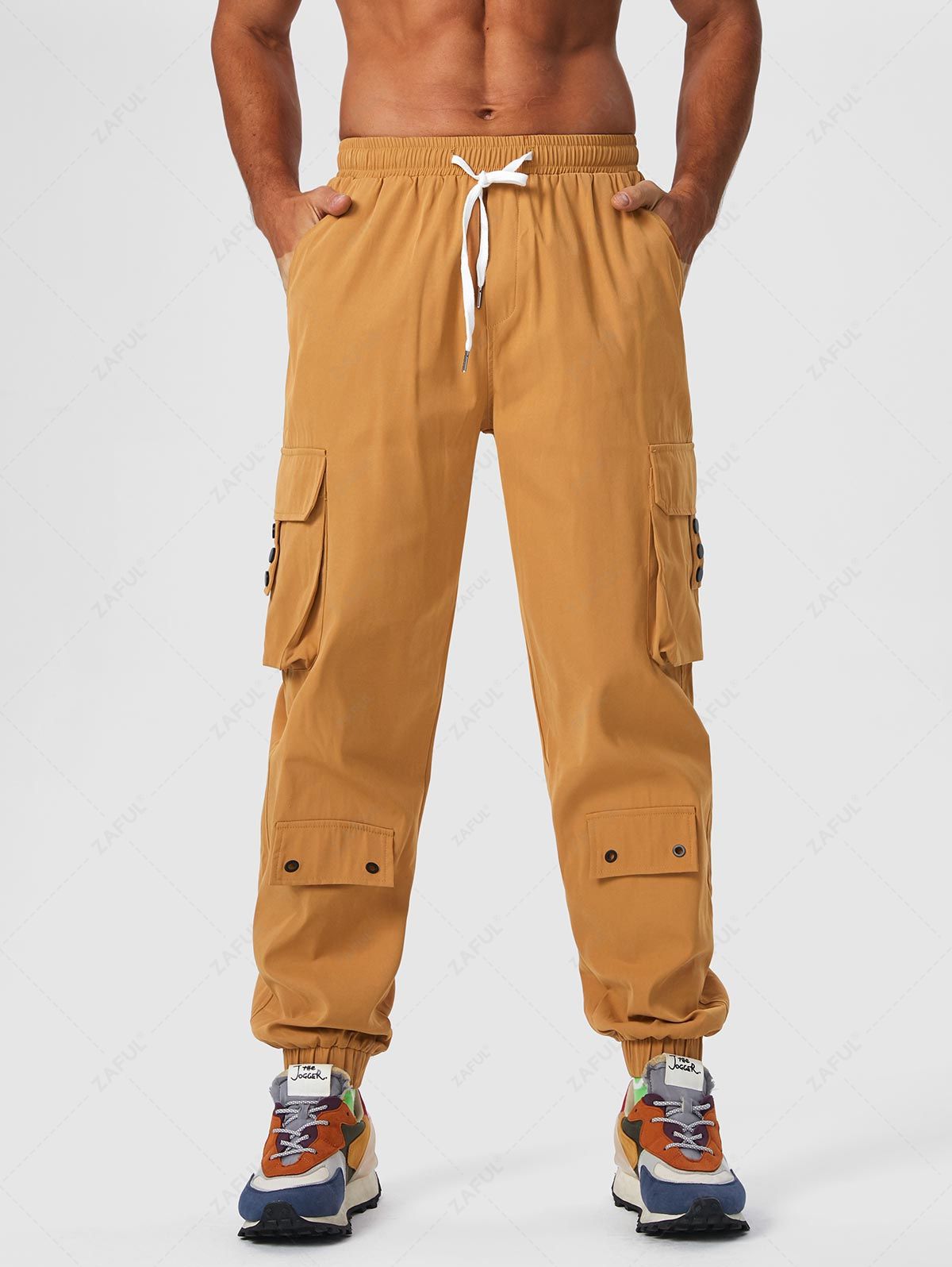 Button and Large Pocket Design Cargo Pants CINNAMON - PURECLO