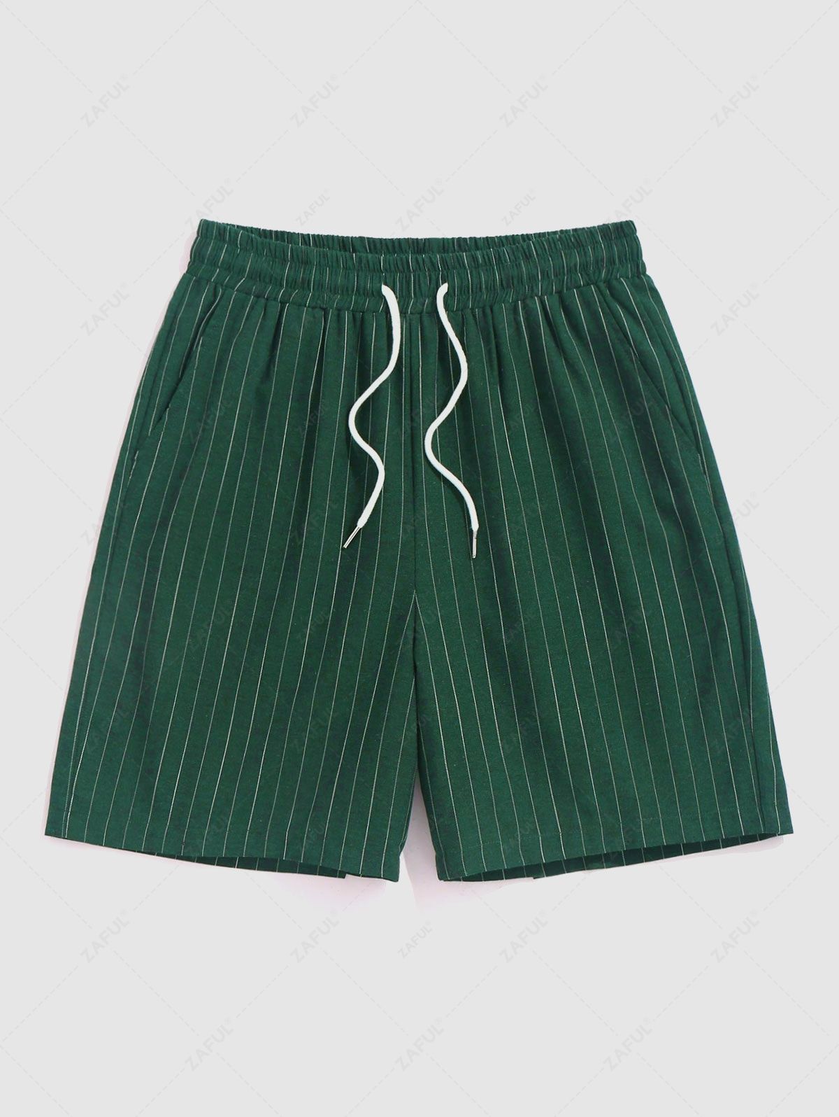 Men\'s Casual 2 Piece Outfits Vertical Striped Pattern Striped Button Fly Short Sleeve Shirt and Drawstring Bermuda Shorts Set DEEP GREEN - PURECLO