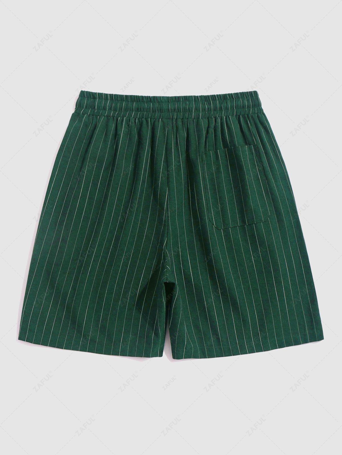 Men\'s Casual 2 Piece Outfits Vertical Striped Pattern Striped Button Fly Short Sleeve Shirt and Drawstring Bermuda Shorts Set DEEP GREEN - PURECLO