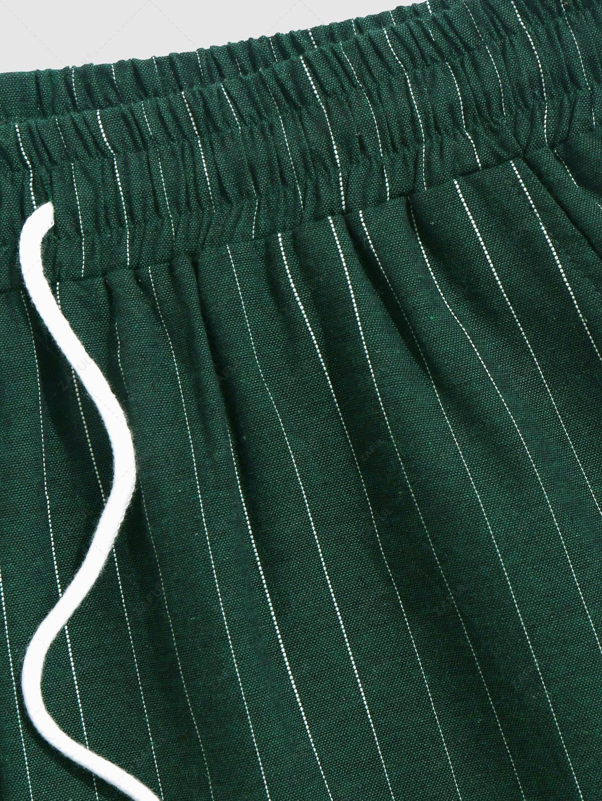 Men\'s Casual 2 Piece Outfits Vertical Striped Pattern Striped Button Fly Short Sleeve Shirt and Drawstring Bermuda Shorts Set DEEP GREEN - PURECLO