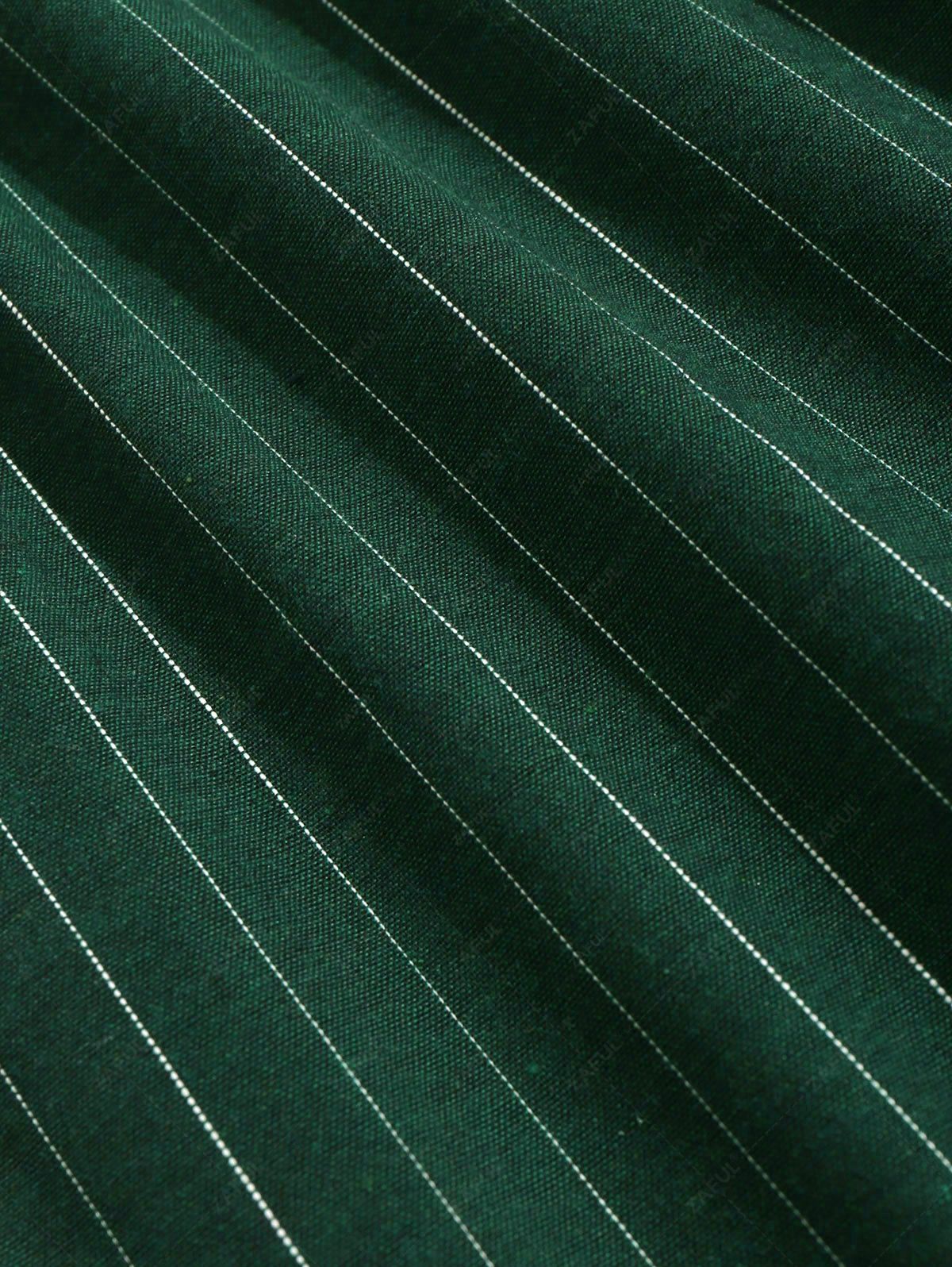Men\'s Casual 2 Piece Outfits Vertical Striped Pattern Striped Button Fly Short Sleeve Shirt and Drawstring Bermuda Shorts Set DEEP GREEN - PURECLO