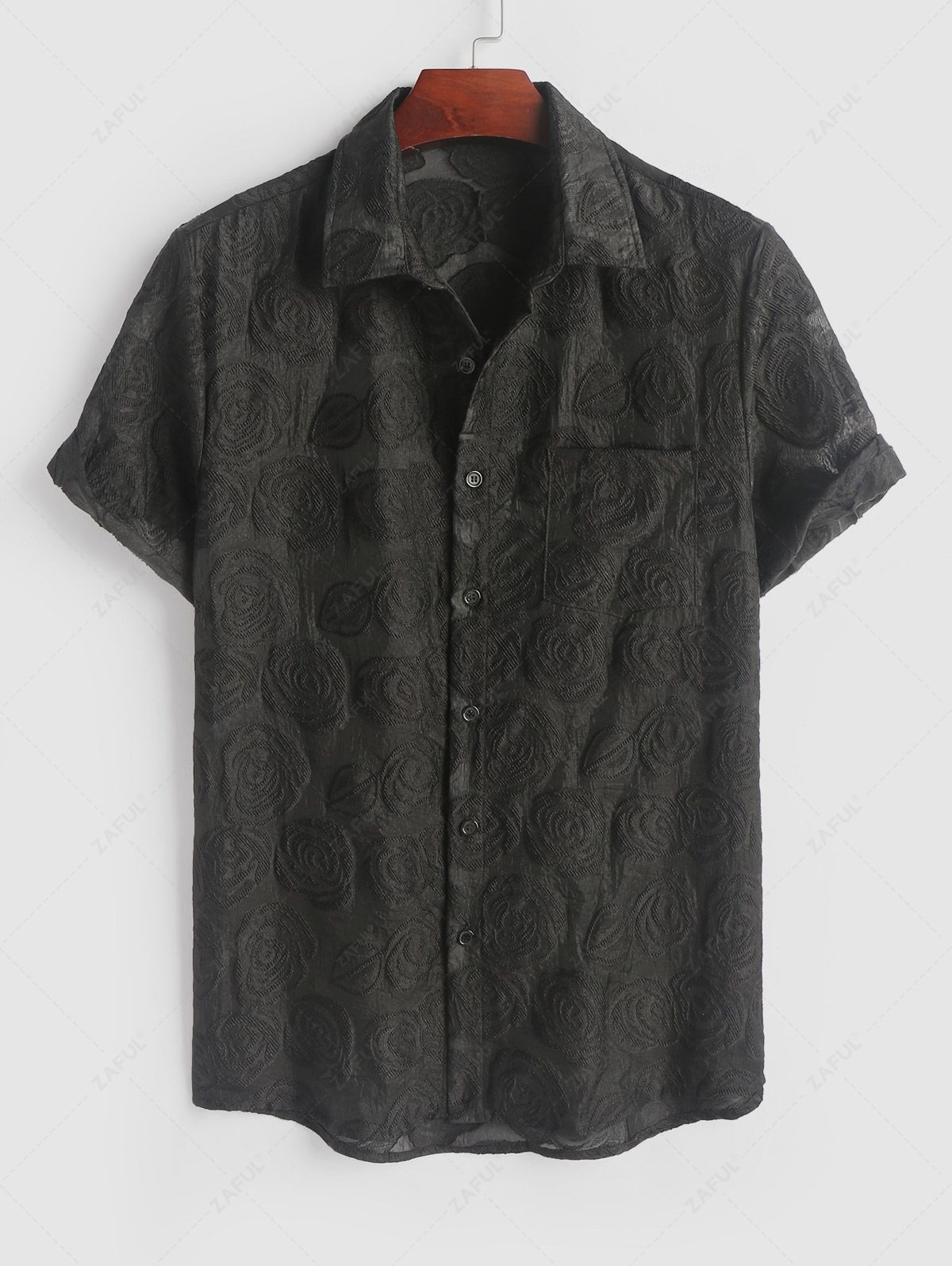 ZAFUL Rose Jacquard See-through Design Short Sleeves Shirt BLACK - PURECLO