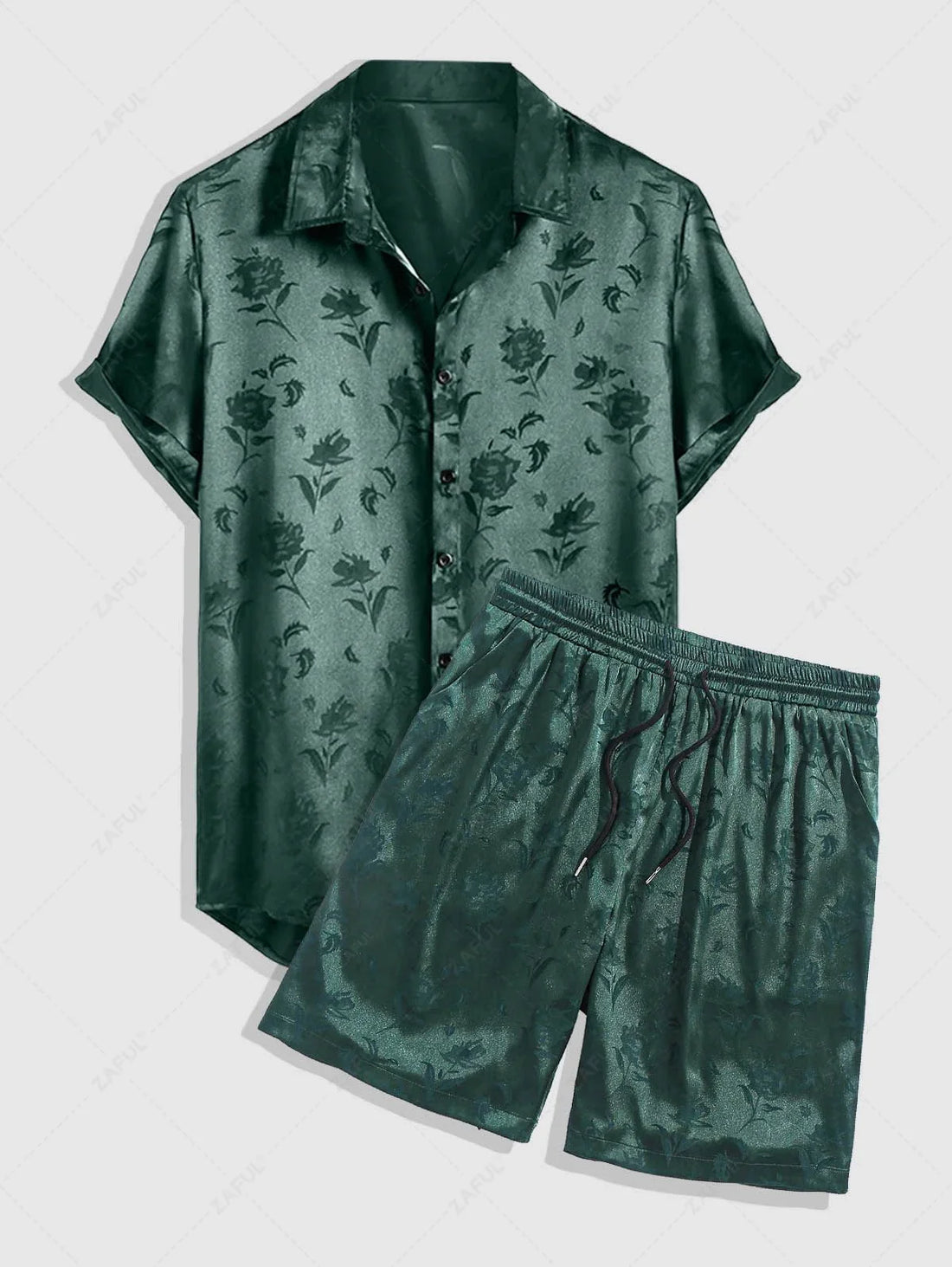 Men\'s Jacquard Silky Satin Floral Print Rose Pattern Button Front Short Sleeve Shirt And Shorts Set BLACK DEEP RED DEEP BLUE DEEP GREEN - PURECLO