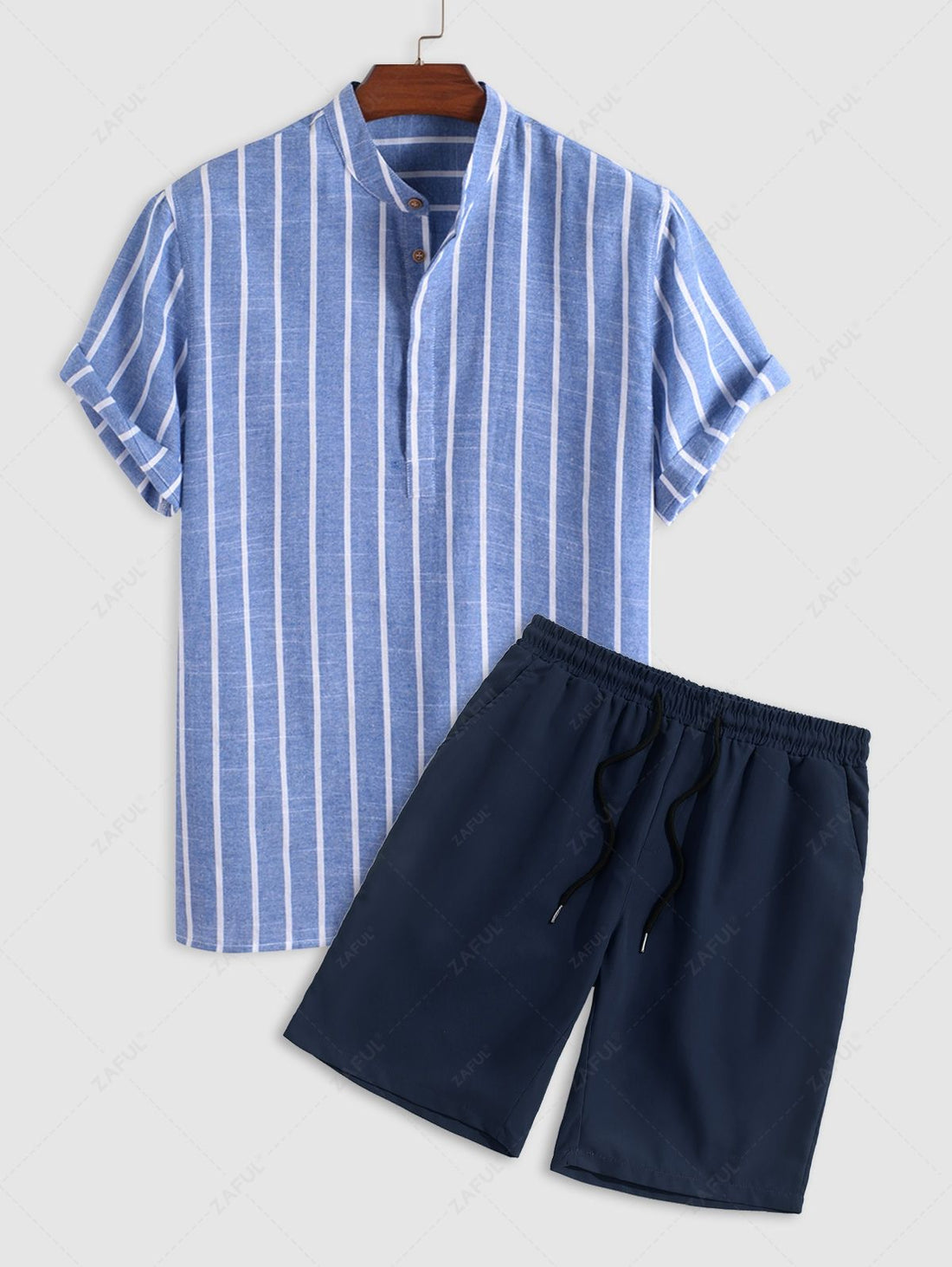 Men\'s Half Buttoned Casual Vertical Striped Office Pullover Shirt and Basic Casual Shorts Set BLUE WHITE - PURECLO
