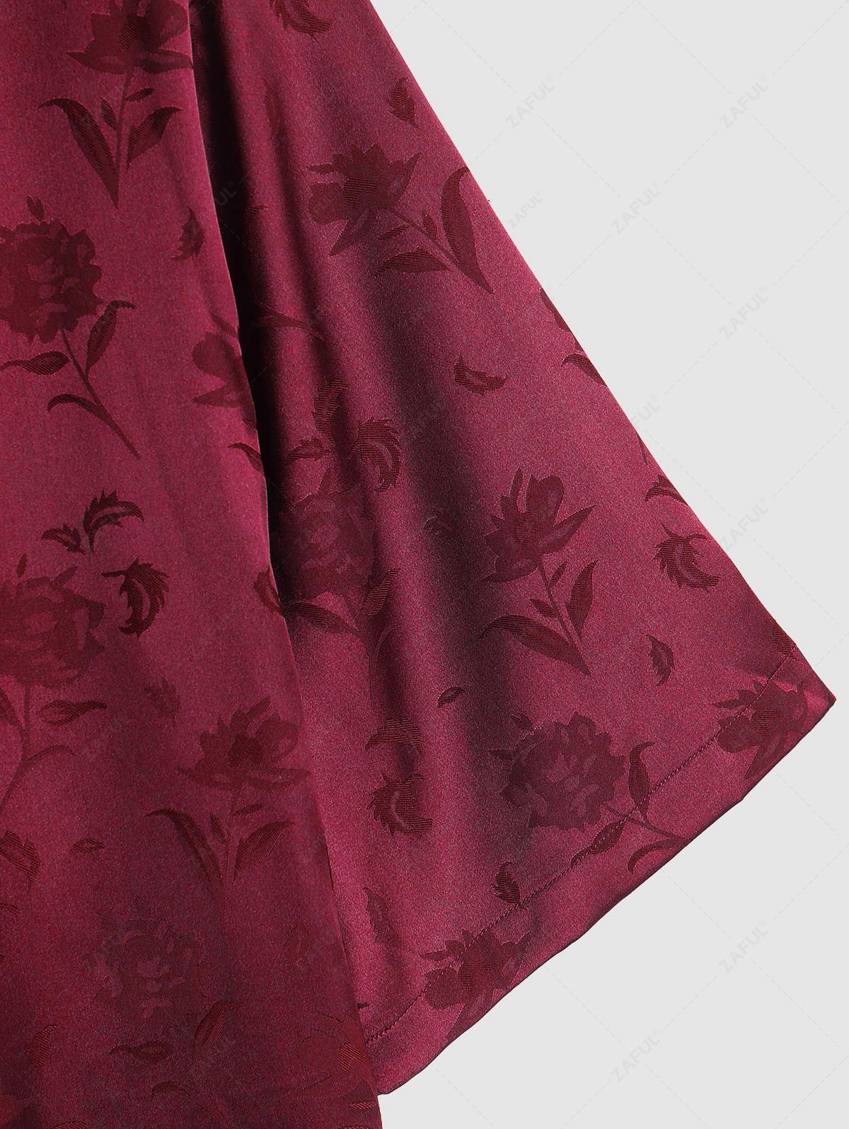 ZAFUL Men\'s Silky Satin Rose Printed Open Front Kimono Shirt DEEP RED BLACK - PURECLO