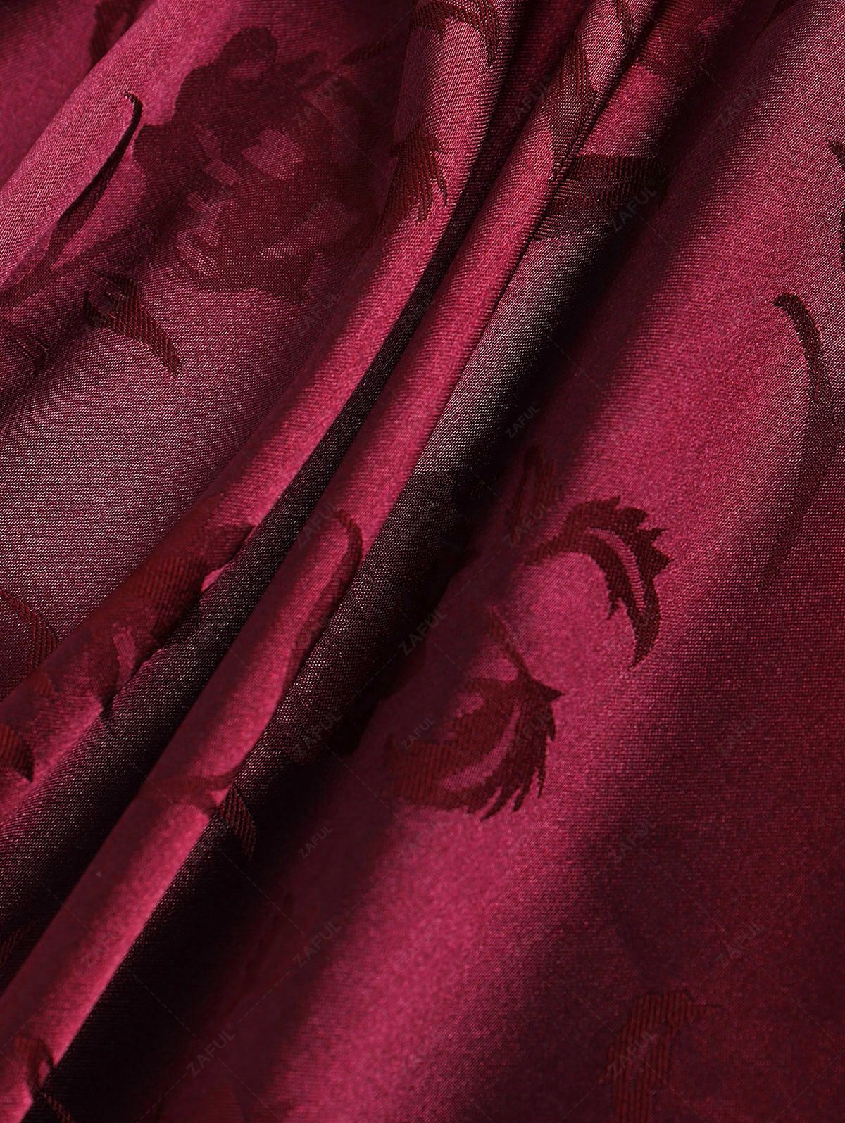 ZAFUL Men\'s Silky Satin Rose Printed Open Front Kimono Shirt DEEP RED BLACK - PURECLO