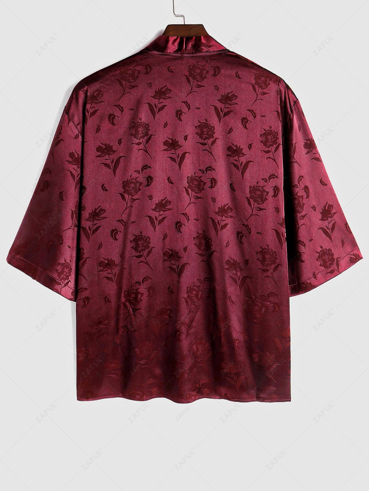 Men\'s Two Piece Outfits Silky Satin Rose Printed Open Front Kimono Shirt and Casual Shorts Set DEEP RED BLACK - PURECLO