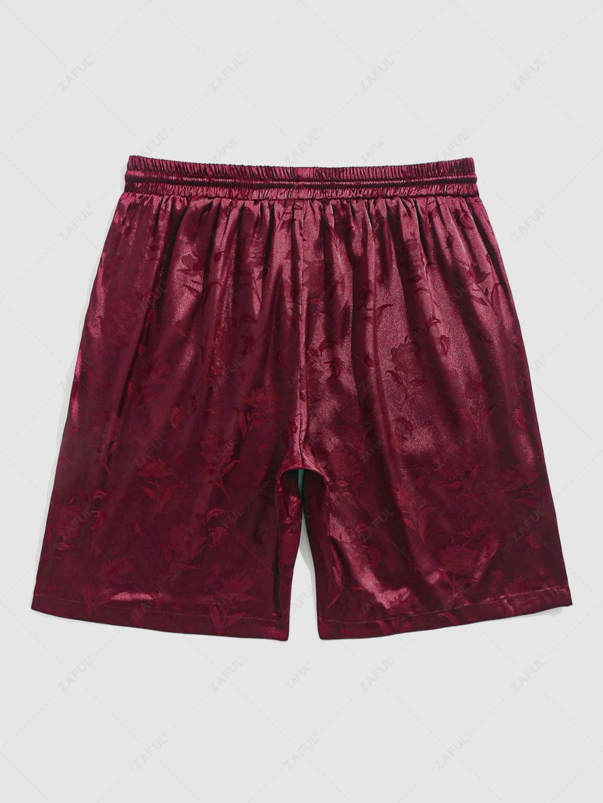 Men\'s Two Piece Outfits Silky Satin Rose Printed Open Front Kimono Shirt and Casual Shorts Set DEEP RED BLACK - PURECLO