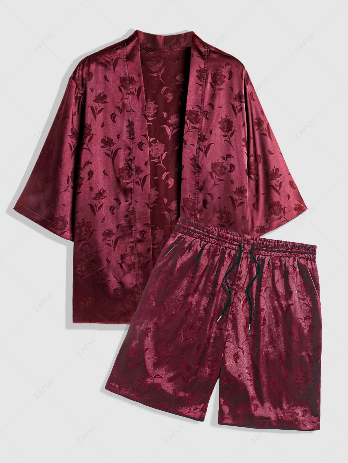 Men\'s Two Piece Outfits Silky Satin Rose Printed Open Front Kimono Shirt and Casual Shorts Set DEEP RED BLACK - PURECLO