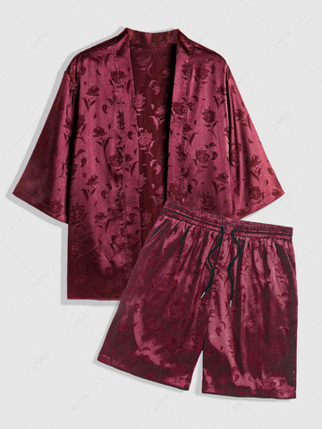 Men\'s Two Piece Outfits Silky Satin Rose Printed Open Front Kimono Shirt and Casual Shorts Set DEEP RED BLACK - PURECLO