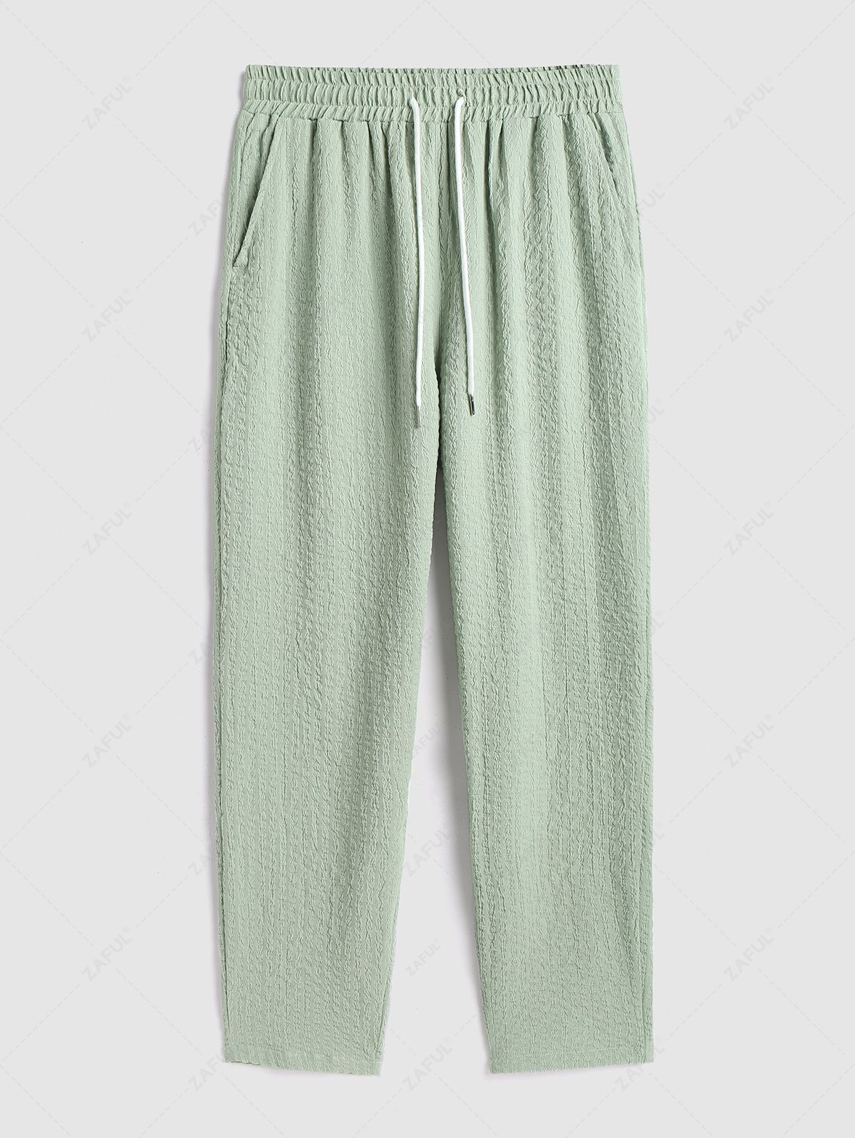 ZAFUL Men\'s Plain Color Jacquard Weave Textured Back Pocket Design Drawstring Casual Pants LIGHT GREEN - PURECLO