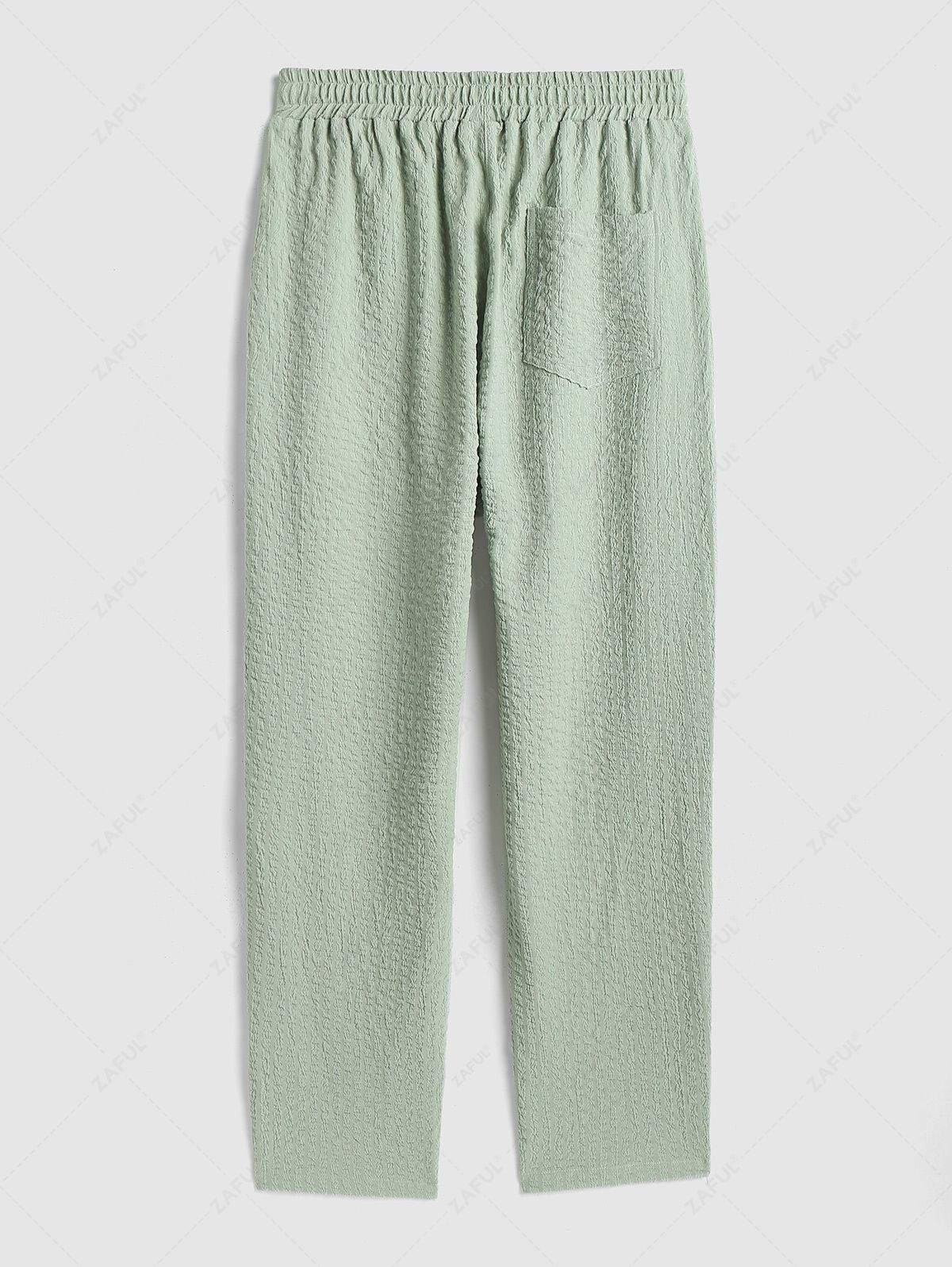 ZAFUL Men\'s Plain Color Jacquard Weave Textured Back Pocket Design Drawstring Casual Pants LIGHT GREEN - PURECLO