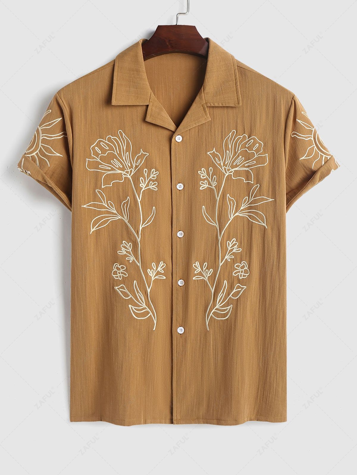 ZAFUL Men\'s Flower Plant Abstract Embroidery Lapel Collar Short Sleeves Vacation Shirt COFFEE - PURECLO