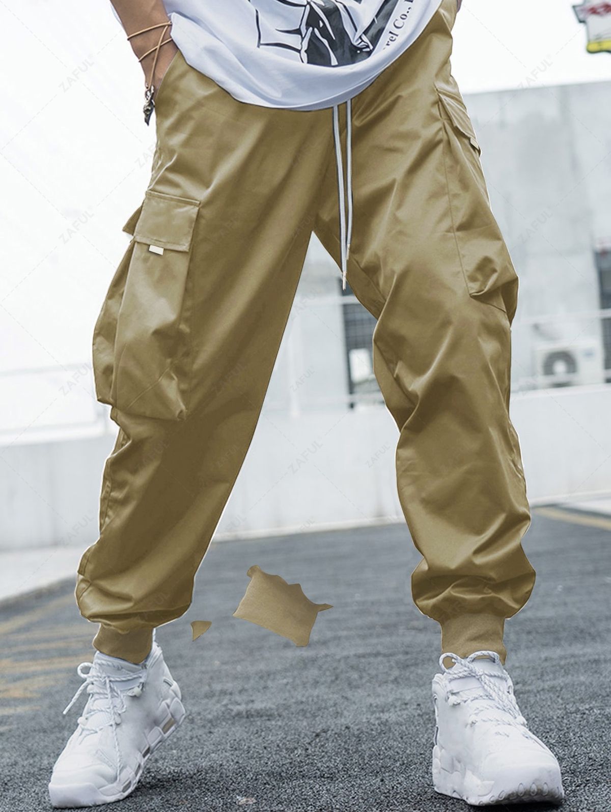 Men\'s Flap Pocket Drawstring Elastic Waist Streetwear Casual Techwear Jogger Cargo Pants LIGHT COFFEE DEEP BLUE LIGHT BLUE COFFEE - PURECLO