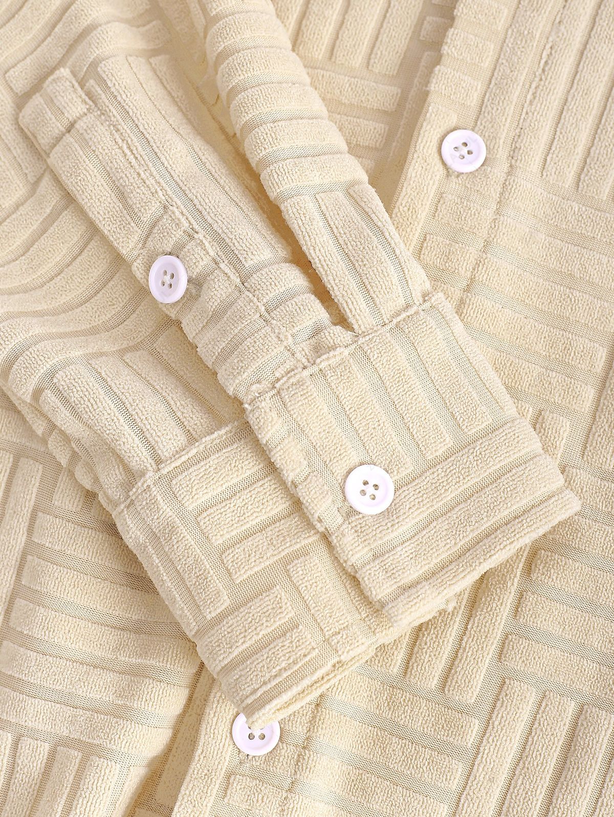 ZAFUL Men\'s Solid Color Casual Terry Cloth Toweling Jacquard Textured Button Up Long Sleeve Shirt LIGHT COFFEE - PURECLO