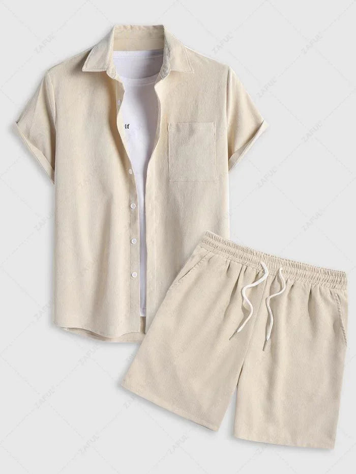 Men\'s 2 Piece Outfits Casual Basic Solid Color Pocket Corduroy Short Sleeves Button Up Shirt and Drawstring Shorts Set LIGHT COFFEE LIGHT GREEN DEEP BLUE LIGHT BLUE DARK ORANGE - PURECLO