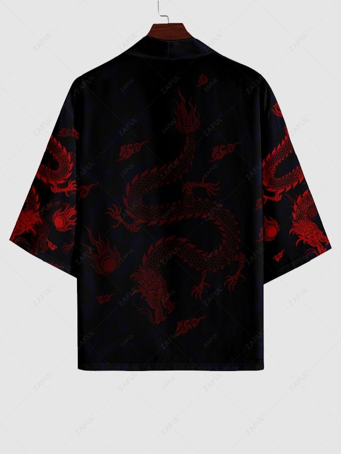 Men\'s Matching Oriental Dragon Print Open Front Kimono and Drawstring Beach Vacation Shorts Set BLACK DARK SLATE GREY - PURECLO