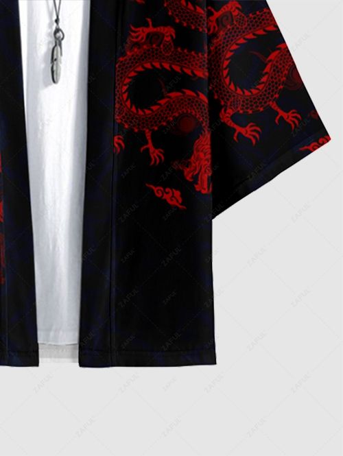 Men\'s Matching Oriental Dragon Print Open Front Kimono and Drawstring Beach Vacation Shorts Set BLACK DARK SLATE GREY - PURECLO