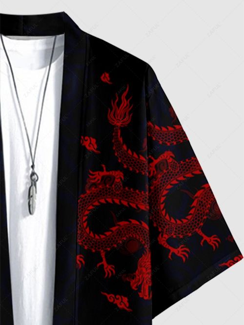 Men\'s Matching Oriental Dragon Print Open Front Kimono and Drawstring Beach Vacation Shorts Set BLACK DARK SLATE GREY - PURECLO