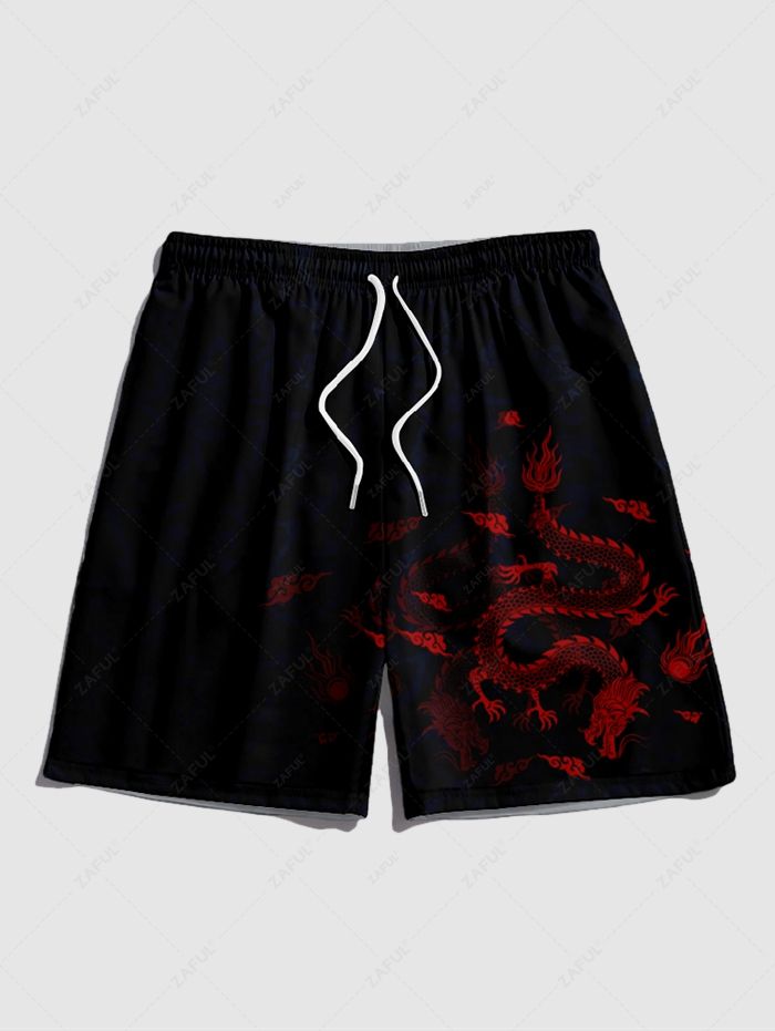 Men\'s Matching Oriental Dragon Print Open Front Kimono and Drawstring Beach Vacation Shorts Set BLACK DARK SLATE GREY - PURECLO