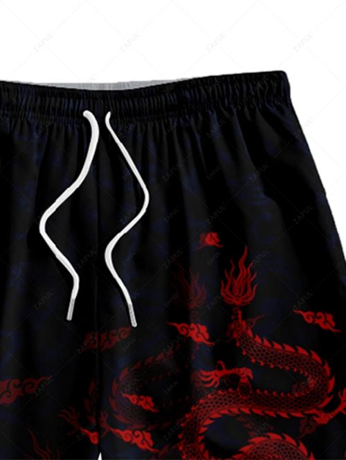 Men\'s Matching Oriental Dragon Print Open Front Kimono and Drawstring Beach Vacation Shorts Set BLACK DARK SLATE GREY - PURECLO