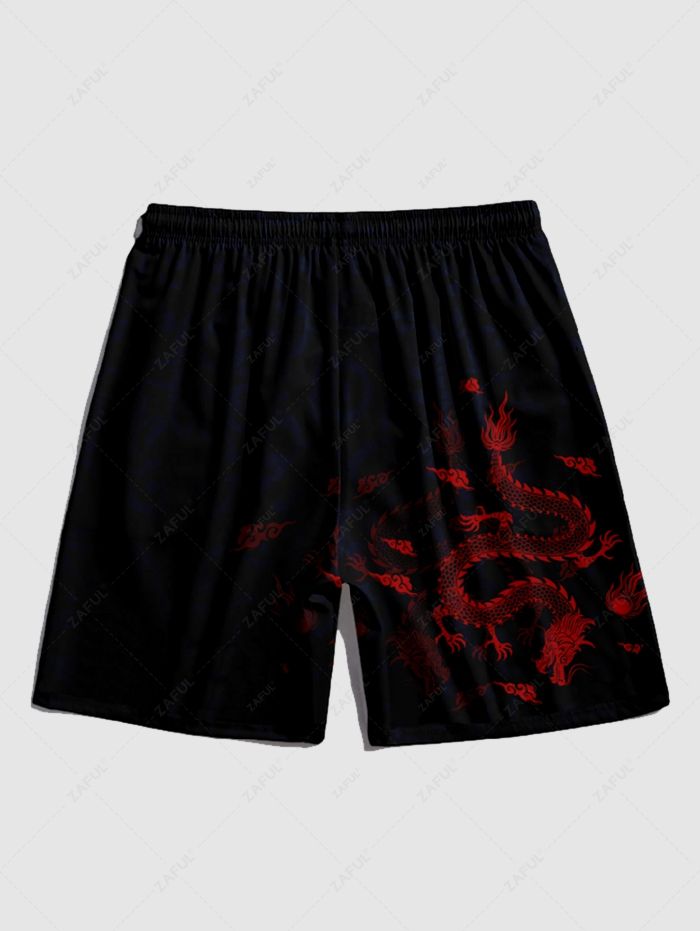 Men\'s Matching Oriental Dragon Print Open Front Kimono and Drawstring Beach Vacation Shorts Set BLACK DARK SLATE GREY - PURECLO