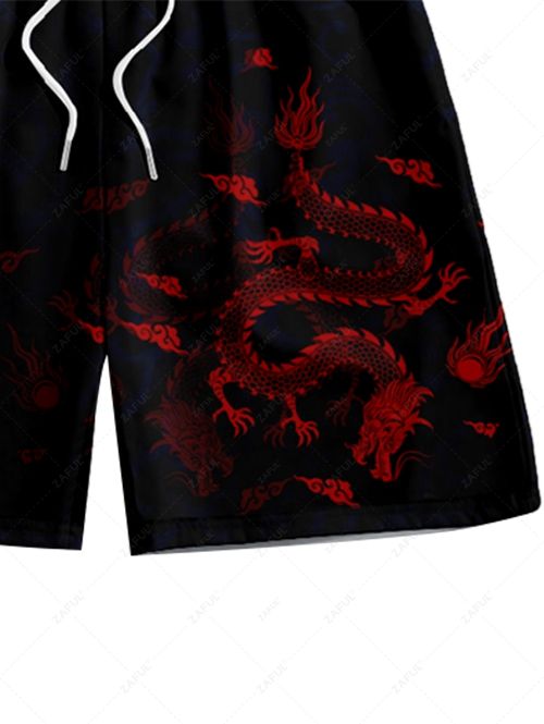 Men\'s Matching Oriental Dragon Print Open Front Kimono and Drawstring Beach Vacation Shorts Set BLACK DARK SLATE GREY - PURECLO