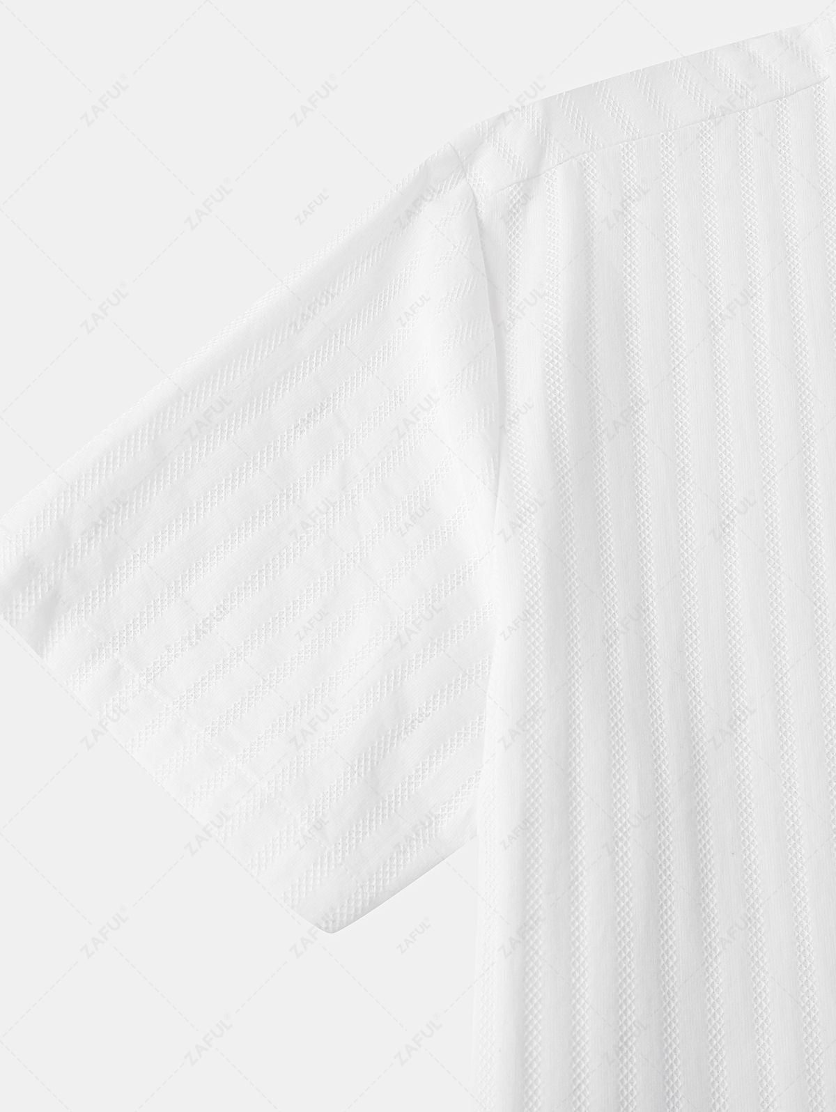 Men\'s Shadow Stripes Textured Front Pocket Design Button Up Short Sleeves Shirt WHITE - PURECLO