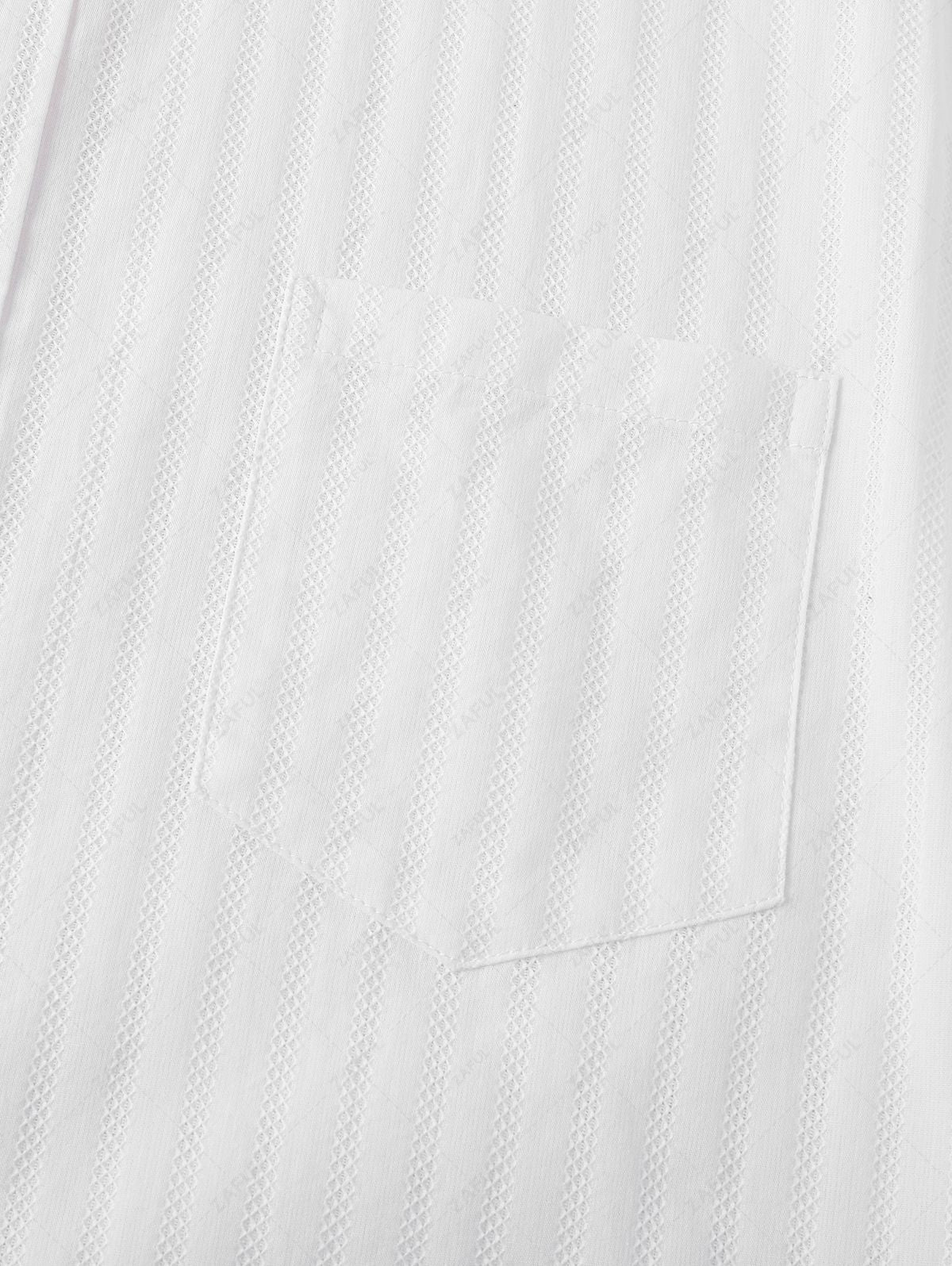 Men\'s Shadow Stripes Textured Front Pocket Design Button Up Short Sleeves Shirt WHITE - PURECLO