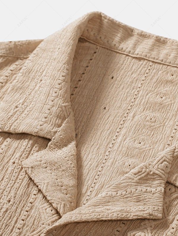 ZAFUL Men\'s Button Up Geometric Lace Openwork Camp Collar Short Sleeves Shirt LIGHT COFFEE LIGHT BLUE - PURECLO