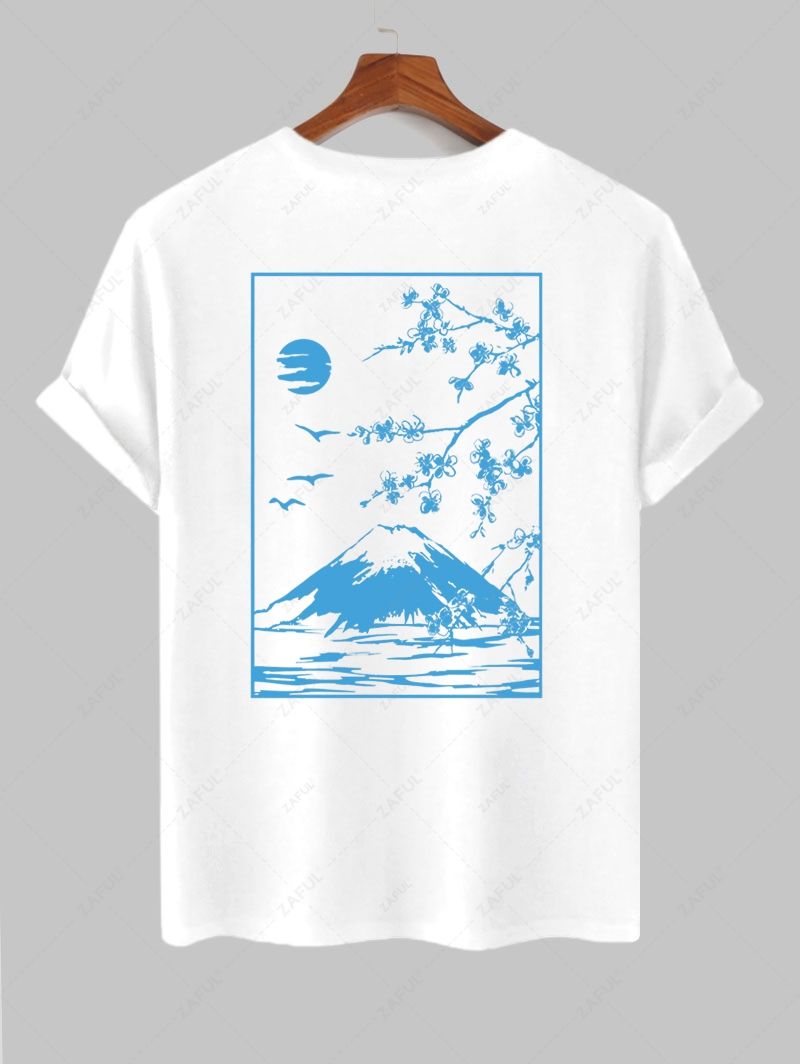 Men\'s Floral Cherry Blossom Mountain Birds Graphic Printed Short Sleeves T-shirt and Basic Casual Shorts Set LIGHT BLUE LIGHT COFFEE MULTI LIGHT PINK BLACK DEEP BLUE - PURECLO