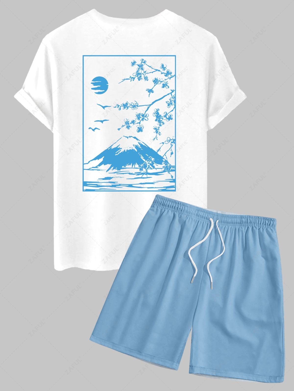 Men\'s Floral Cherry Blossom Mountain Birds Graphic Printed Short Sleeves T-shirt and Basic Casual Shorts Set LIGHT BLUE LIGHT COFFEE MULTI LIGHT PINK BLACK DEEP BLUE - PURECLO